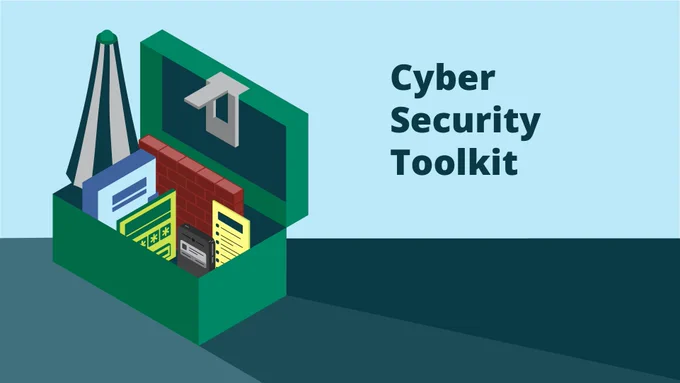 Cyber security toolkit with picture of different things used in cyber security