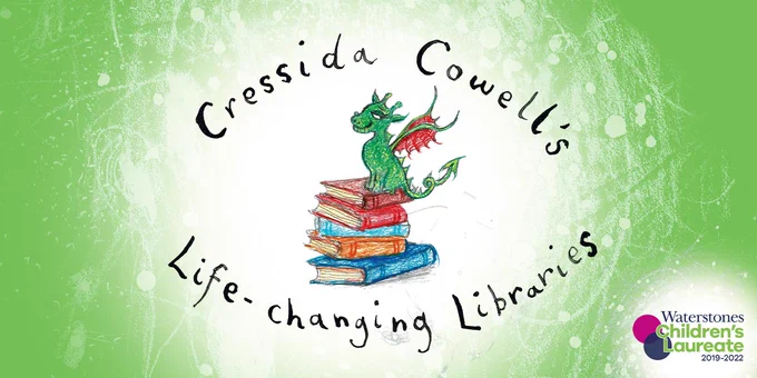 The logo for Cressida Cowell's Lifechanging Libraries - including an illustration of a smiling dragon sitting on a pile of five books
