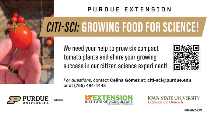 Purdue Extension. Citi-Sci: Growing Food for Science. We need your help to grow six compact tomato plants and share your growing success in our citizen science experiment. For questions, contact Celina Gomez at: citi-sci@purdue.edu or at 765-494-4443. 
