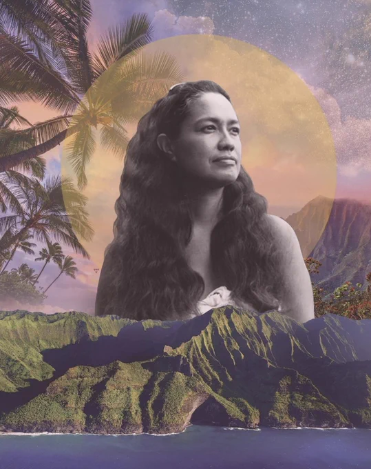 Picture Credits: Illustration by Mer Young. The title of the piece: To Our Inspiring Ancestors

[Alt Text]: Illustration of Dr. Haunani-Kay Trask with mountains in the foreground and sun and trees in the background. 