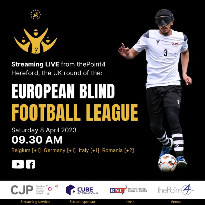 RNC Hereford player 'Streaming live from thePoint4 Hereford, the UK round of the European Blind Football League. Saturday 8 April 2023 9.30am Belgium [ 1] Germany [ 1] Italy [ 1] Romania [ 1]