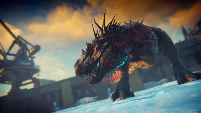 A mutated T-Rex is watching the sunset while standing on ice in a harbor.