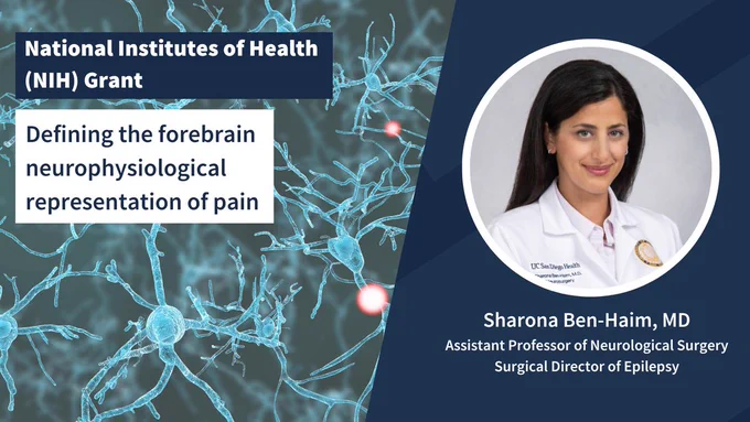 A headshot of a person with long dark hair wearing a white coat is beside the words "National Institutes of Health (NIH) grant" "Defining the forebrain neurophysiological representation of pain." Below the photo are the words "Sharona Ben-Haim, MD" "Assistant Professor of Neurological Surgery" and "Surgical Director of Epilepsy"