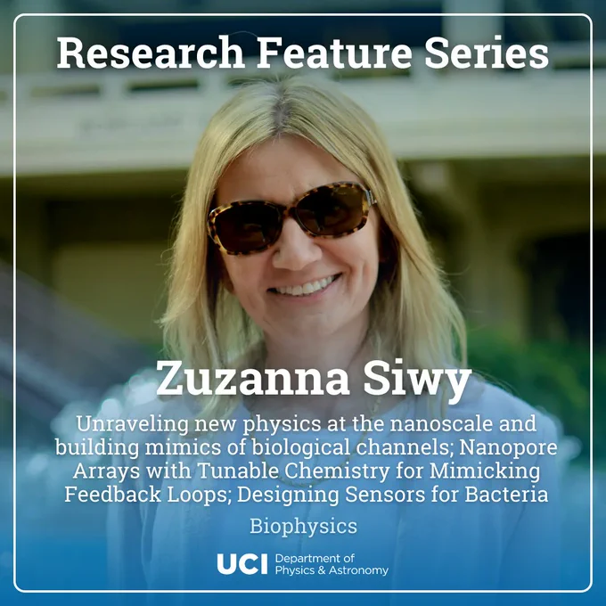 A photo of Professor Siwy, smiling. She has straight, blonde shoulder-length hair, and is wearing sunglasses. The top and bottom of the photo have a translucent blue gradient fading towards the center, and there is a white border with rounded corners. The title says "Research Feature Series" on top, and near the middle, Zuzanna's name, "Zuzanna Siwy" with her project titles "Unraveling new physics at the nanoscale and building mimics of biological channels; Nanopore Arrays with Tunable Chemistry for Mimicking Feedback Loops; Designing Sensors for Bacteria" beneath it, within the broader area of "Biophysics", underneath that. At the bottom center, the UCI Department of Physics & Astronomy logo.