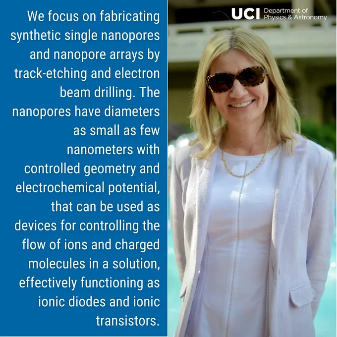 On the right, a photo of Professor Siwy standing in front of a fountain, smiling. She is wearing sunglasses, a white shirt and white blazer, with a gold necklace. In the top right corner, the UCI Department of Physics & Astronomy logo. On the left, a blue background with text "We focus on fabricating synthetic single nanopores and nanopore arrays by track-etching and electron beam drilling. The nanopores have diameters as small as few nanometers with controlled geometry and electrochemical potential, that can be used as devices for controlling the flow of ions and charged molecules in a solution, effectively functioning as ionic diodes and ionic transistors."