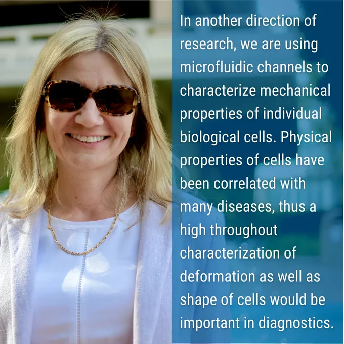 On the left, a more close-up photo of Professor Siwy, similar to the last slide. In the top left, the UCI Department of Physics & Astronomy logo. On the right, a translucent blue background with text "In another direction of research, we are using microfluidic channels to characterize mechanical properties of individual biological cells. Physical properties of cells have been correlated with many diseases thus a high throughout characterization of deformation as well as shape of cells would be important in diagnostics."