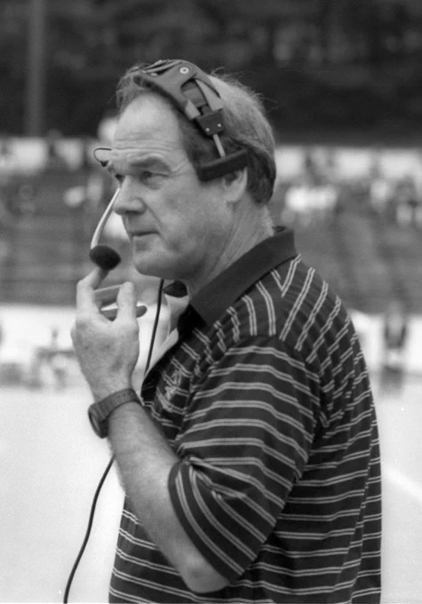 Appalachian State University head football coach Jerry Moore in 1993, speaking into a headset.
