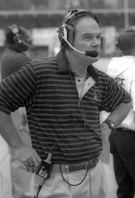 Appalachian State University head football coach Jerry Moore in 1993, wearing a headset.