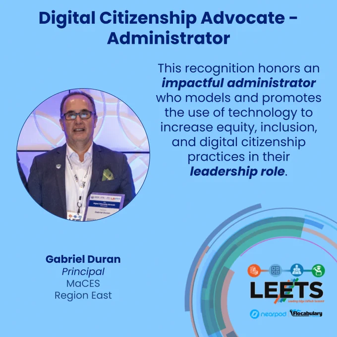 Photograph of honoree with name, title, school, region, title of award and description of award.