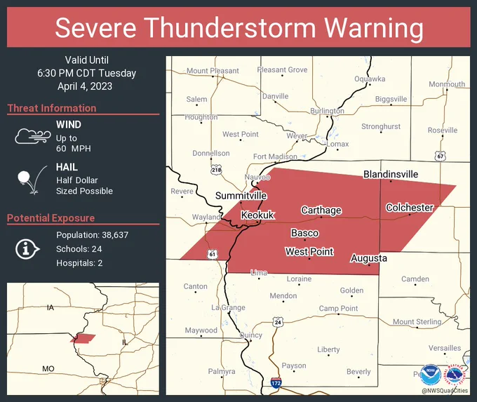 This graphic displays a severe thunderstorm warning plotted on a map. The warning is in effect until 6:30 PM CDT. The warning includes Keokuk IA, Hamilton IL and Carthage IL.  This warning is for Hancock County in west central Illinois, Western McDonough County in west central Illinois, South central Lee County in southeastern Iowa and Southeastern Clark County in northeastern Missouri. The threats associated with this warning are wind gusts up to 60 MPH and half dollar sized hail. There are 38,637 people in the warning along with 24 schools and 2 hospitals.