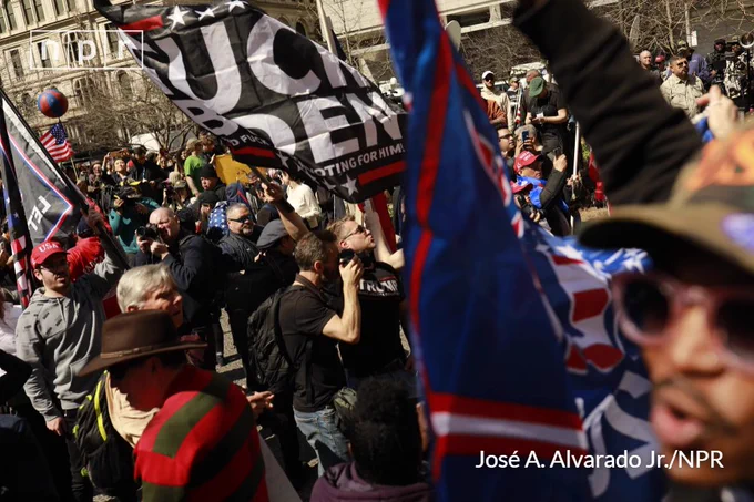 Supporters of the former president protest at Collect Pond Park on the morning of as Donald J. Trump's scheduled surrender at the Manhattan Criminal Courts Building in Manhattan, New York, U.S., on Tuesday, April 3, 2023.
José A. Alvarado Jr. for NPR