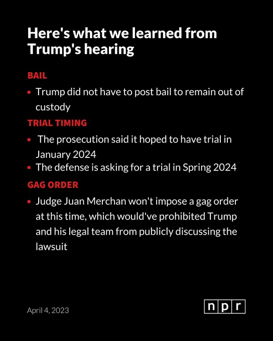 Here's what we learned from Trump's hearing

Bail: Trump did not have to post bail to remain out of custody
Trial timing: The prosecution said it hoped to have trial in January 2024
The defense is asking for a trial in Spring 2024
Gag order: Judge Juan Merchan won't impose a gag order at this time, which would've prohibited Trump and his legal team from publicly discussing the lawsuit