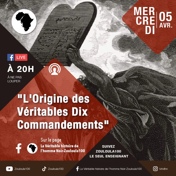"Si ta foi est comme les graines de sénevè...Si non...Accroches toi, ça va secouer !"

#fblive : “L’Origine des Véritables Dix Commandements” ce mercredi 05/04 à 20h sur la page la véritable histoire de l’homme Noir-Zouloula100 https://is.gd/VK3xbJ 

#Zouloula100 #lesDixCommandements #lavéritablehistoiredelhommenoir