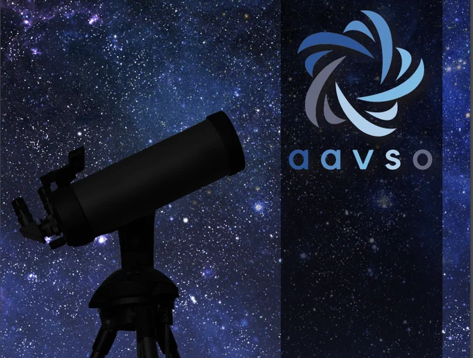 A silhouette of a telescope against a twinkly night sky, pointing up at the AAVSO swirly star logo.