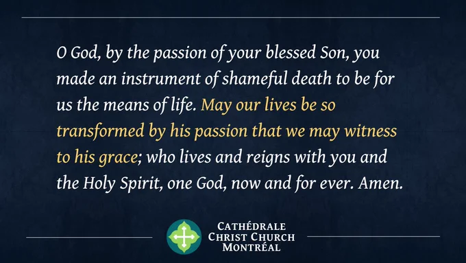 O God, by the passion of your blessed Son, you made an instrument of shameful death to be for us the means of life. May our lives be so transformed by his passion that we may witness to his grace; who lives and reigns with you and the Holy Spirit, one God, now and for ever. Amen.