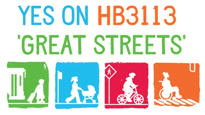YES ON HB 3113 Great Streets graphics with primary color transportation icons