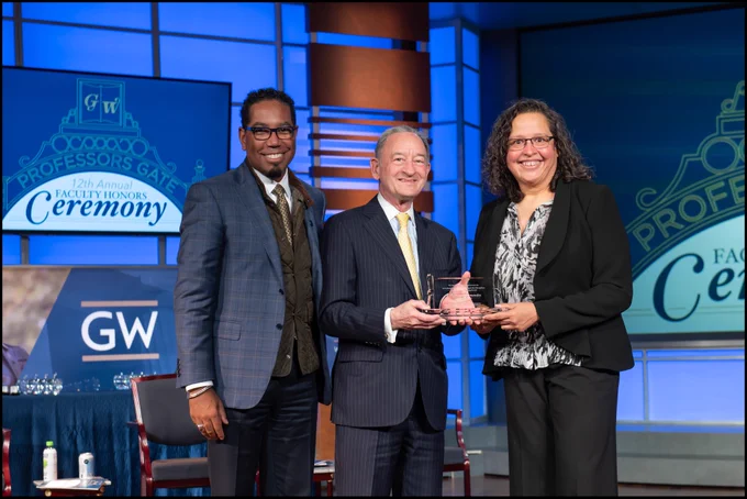 George Washington Faculty Honors, 2020. Provost Christopher Alan Bracey, President Mark S. Wrighton, and Dr. Patricia Hernandez. Photo credit: Joy Asico of George Washington University.