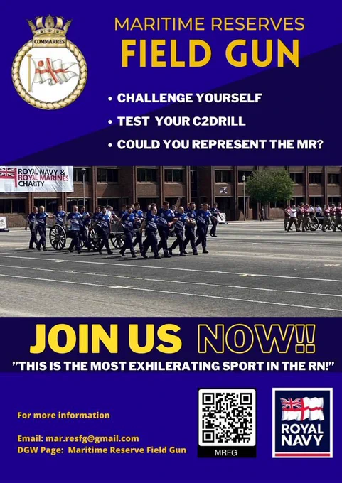 Poster advertising the opportunity to take part in the Maritime Reserves Field Gun competition including a QR code to scan for more info.