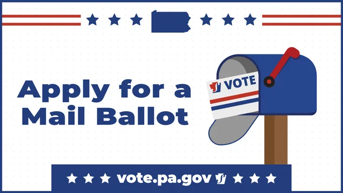 Illustration of a mail box with a PA mail ballot inside with text that says Apply for a mail ballot. 