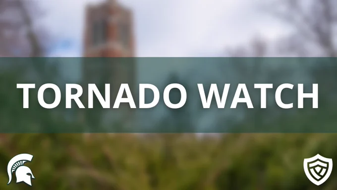 Graphic with blurred photo of Beaumont Tower and text that says "Tornado Watch"