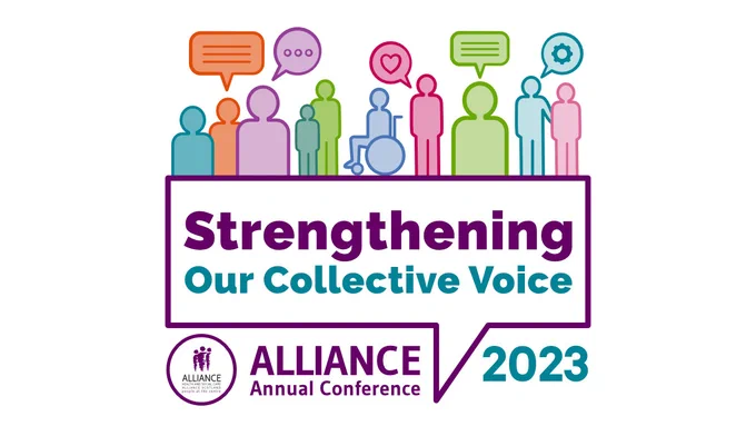 A line of people standing on a a title reading: Strengthening Our Collective Voice, ALLIANCE Annual Confrence 2023 