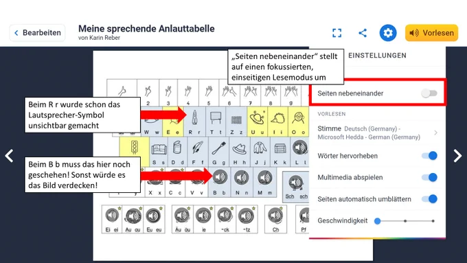 Voransicht in Book Creator, umgesetzt wurde sie mit unsichtbaren Lautsprecher-Symbolen. Hilfreich ist der Einseiten-Lesemodus für die Kinder!