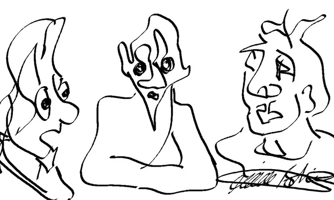 line art sketchy ink drawing in black and white of 3 busts with stylised faces with large eyes. Signed by artist Michelle Baharier.