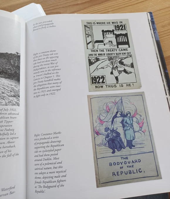 A page from Michael B. Barry's The Green Divide, showing a poster for the pro-Treaty side, accusing 'trucers' of not contributing to earlier conflict as well as a propaganda poster designed by Constance Markievicz