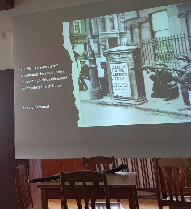 A page of a PowerPoint presentation asking what the war was about: stabilising a new state? Continuing the revolution? Preventing British takeover? Confronting the traitors?