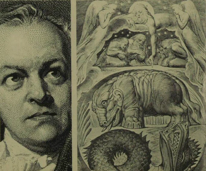 Sepia toned composite image, showing on the left a portrait of the artist William Blake, and on the right, an example of his work, an engraving from one of his 'Prophetic Books.' The engraving shows different king of beasts, a kind of elephant creature in the centre, and a lizard or serpent beneath. Above the animals is a depiction of God reaching down, angels beside him, with other figures, presumably mere mortals, beneath the heavenly skies.