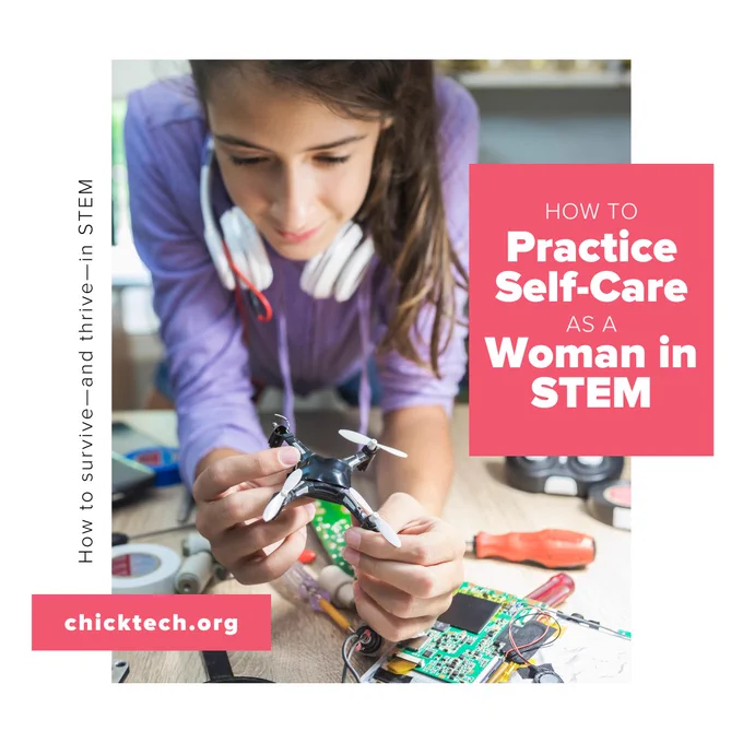Image is of a teenage girl holding a piece of tech (it looks like a tiny drone) in her hands. There is a circuit board and a screwdriver and other tools scattered on the carpet. 