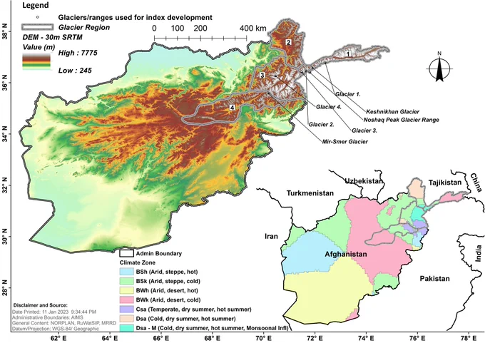 Fig. 1. Afghanistan showing the four glacier regions and their climatic zones (inset) based on the Köppen–Geiger climate classification (Peel and others, 2007) modified to include Dsa - M (Monsoonal influence) following Shroder (2014).
