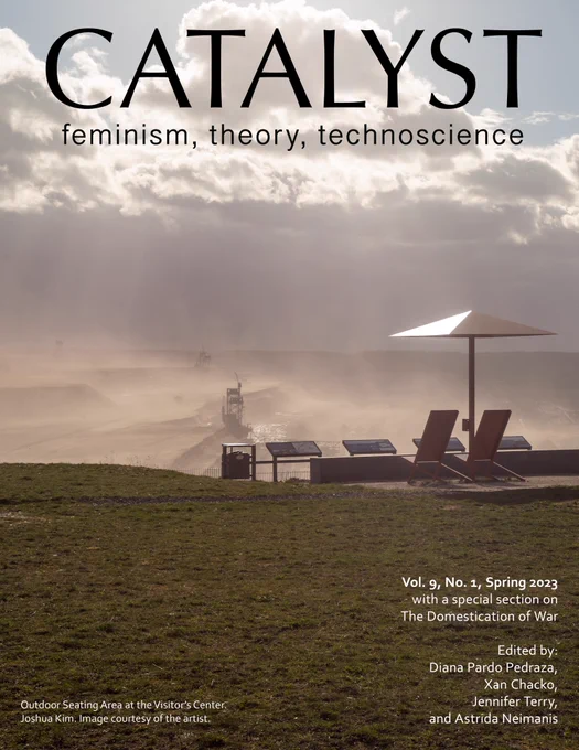 Cover of the latest Catalyst issue (Vol 9, no. 1). In the image there are lounge chairs which face a mine, as if it were the beach or a swimming pool. Clouds of dust and dirt rise from the surface of the mine, creating clouds of coal amongst the clouds of vapor. But the dust is too heavy to stay in the clouds and comes showering down on the imagined lounging viewers.
