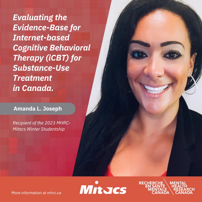 Photo of woman with long dark hair wearing a dark blazer (Amanda Joseph) looking to camera and smiling, copy on graphic reads: Evaluating the Evidence-Base for Internet-Based Cognitive Behavioral Therapy (iCBT) for Substance Use Treatment in Canada. Amanda L. Joseph, Recipient of ther 2023 MHRC-Mitacs Winter Studentship