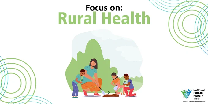 ‘Focus on: Rural Health’ with an illustration of an adult and three children outside gardening, the NPHW logo below and a design of concentric circles around
