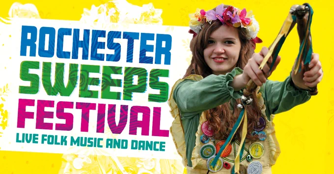 A graphic with the words: Rochester Sweeps Festival, live folk music and dance with a picture of a female Morris dancer 