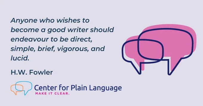 A decorative image says: Anyone who wishes to become a good writer should endeavour to be direct, simple, brief, vigorous, and lucid. By H.W. Fowler