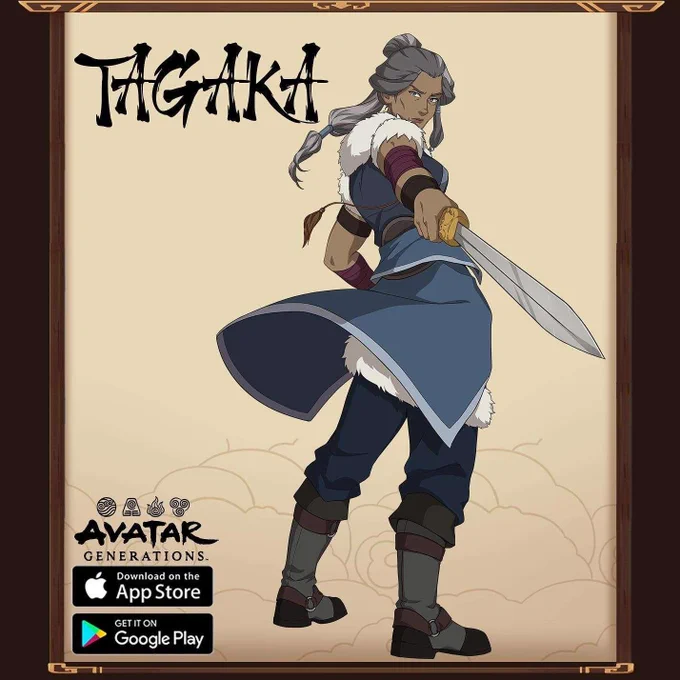 Tagaka, a Water Tribe woman with dark skin and gray hair, stands with her body facing away from the viewer but her face looking towards them. She is wielding a sword.