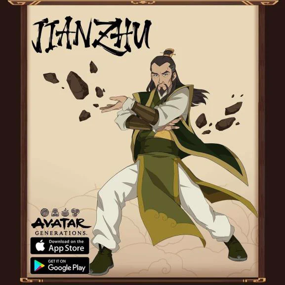 Jianzhu, who has light skin and dark, somewhat graying hair held in a topknot. He wears white and green robes and is in an earthbending stance.