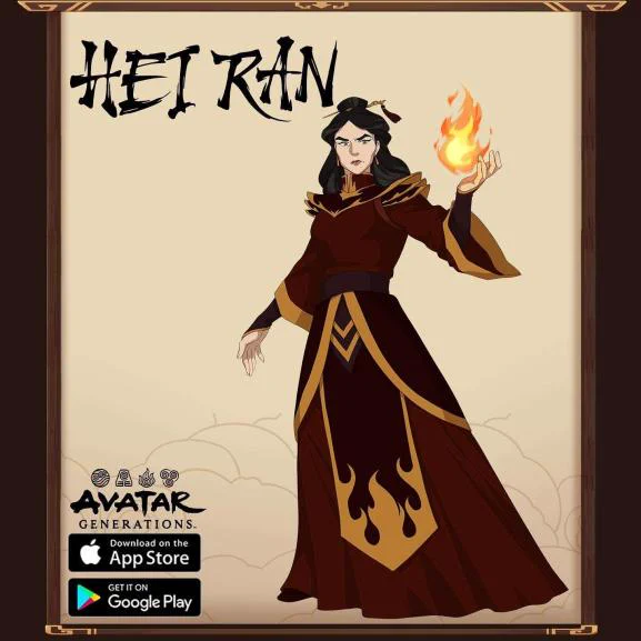 Hei-Ran, a Fire Nation woman with very fair skin and dark hair held in a topknot. She is wearing ornate gold, black, and dark red robes, and she is firebending a medium-sized flame in an upright pose.
