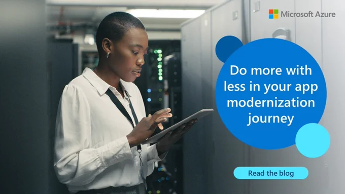 Person using tablet. Text reads "Do more with less in your app modernization journey. Read the blog."