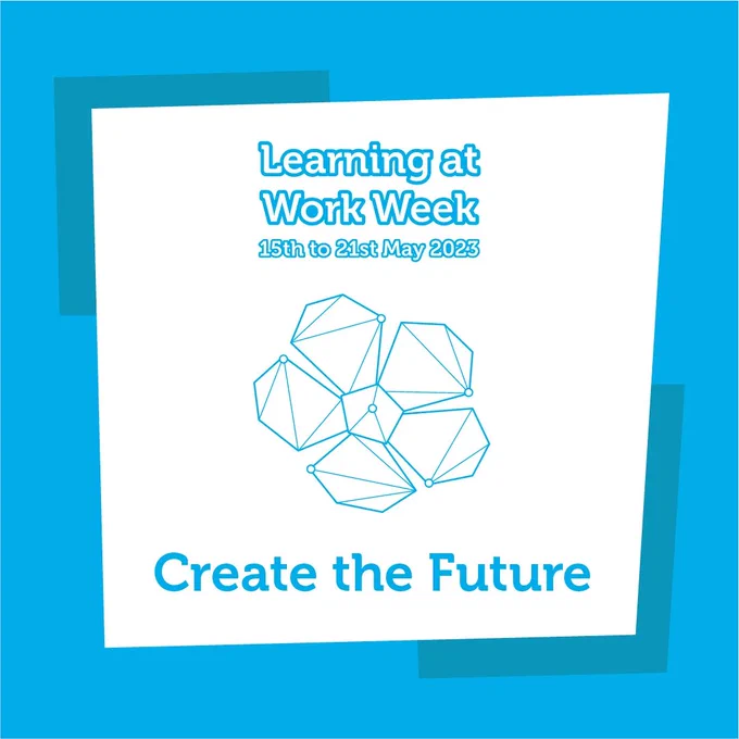 Blue and white, square infographic promoting learning at work week 2023 with the text Learning at Work Week, 15th to 21st May 2023, creating the future.
