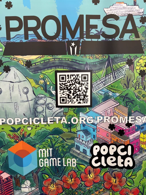 Closeup of promesa banner (zoomed in view of Puerto Rico in greenfield on a blue background, with illustrations of Arecibo and other iconic locations). QR code points to Popcicleta.org/promesa for more information