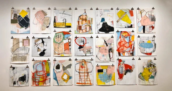 Abstract artworks hanging on a wall