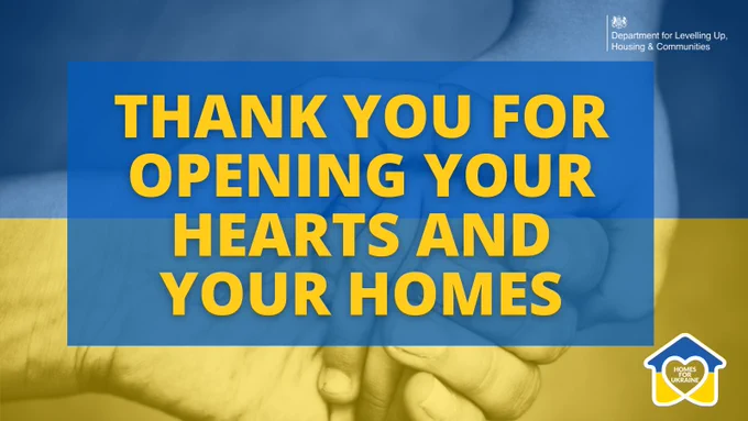 Two hands holding, Ukrainian flag colours over the image. A blue box with text, thank you for opening Your hearts and your homes. The DLUHC LOGO on the top right and homes for Ukraine logo on the bottom right