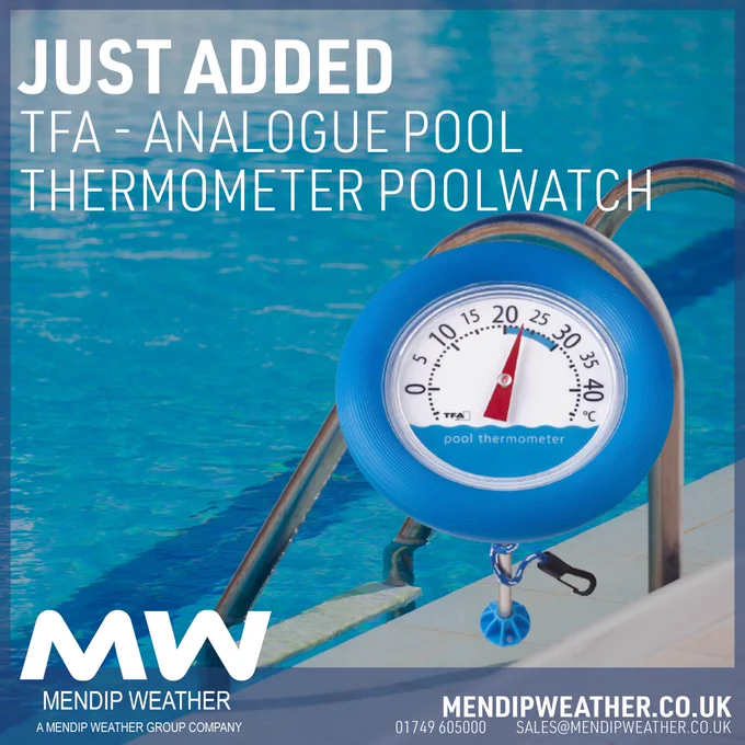 Just added to our website and available to order 

TFA – Analogue Pool Thermometer POOLWATCH

Is the water inviting you to swim?
With the maritime POOLWATCH pool thermometer you can check the water temperature in your pool at any time. The blue plastic float protects the thermometer and keeps it on the water surface. The large bimetallic display is easy to read. Thanks to the practical attachment line, the device stays close to the edge.
The stainless steel sensor rod measures at a measuring depth of 150 mm. This gives you particularly reliable values.

https://mendipweather.co.uk/weather-stations/traditional-stations/thermometers/tfa-analogue-pool-thermometer-poolwatch/

#thermometer #tfadostmann #pool #measure #water #newin #available #getreadyforsummer