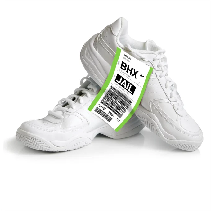 Image of white trainers with travel sticker showing the destination is jail.