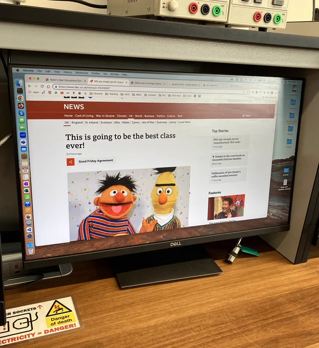 Using the developer tools on a web page (I'm on a Mac using Firefox so for me it's F12, then click on Inspector but there are other routes in) the young students are creating fake content on the BBC News website. Paulo the tutor created this one which shows text saying "This is going to be the bext class ever!" and a photograph of Ernie (left) and Bert from Sesame Street.