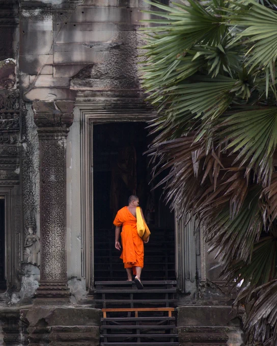 A monk wearing orange robes walks away from the camera and up some stairs into an old temple in cambodia. He is mid step and looking to the right. 
