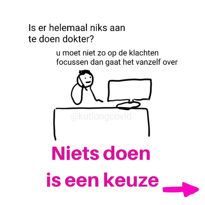 Titel: niets doen is een keuze. 

Huisarts doet telefonisch spreekuur met 
Pt die te ziek is om te komen. Die vraagt: is er dan helemaal niks aan te doen, dokter? 
De dokter zegt: u moet niet zo op de klachten focussen, dan gaat het vanzelf over. 